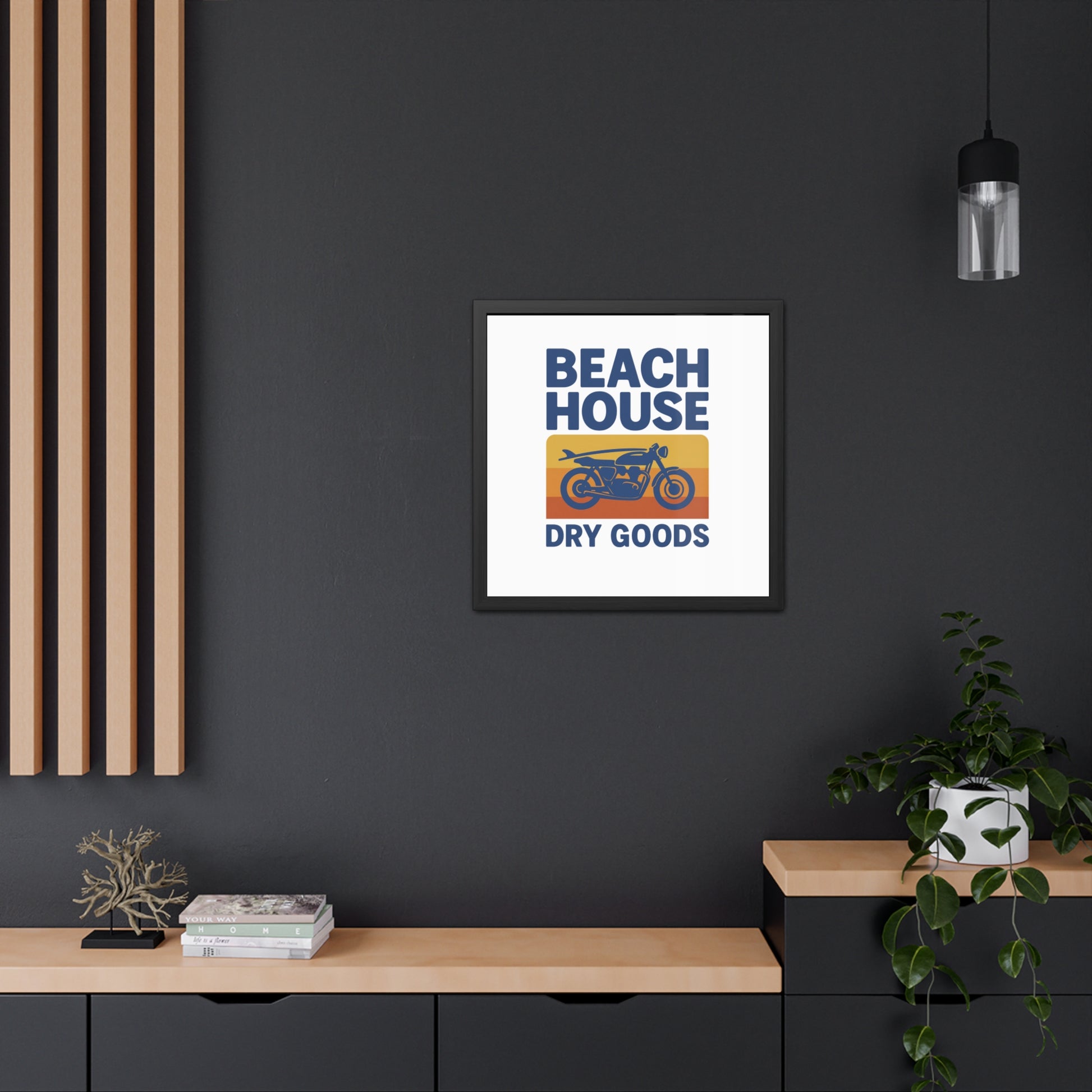 Vintage Beach House Motorcycle Framed Poster, Retro Art Print, Home Decor, Gifts for Bikers, Beach Decor, Summer Vibes