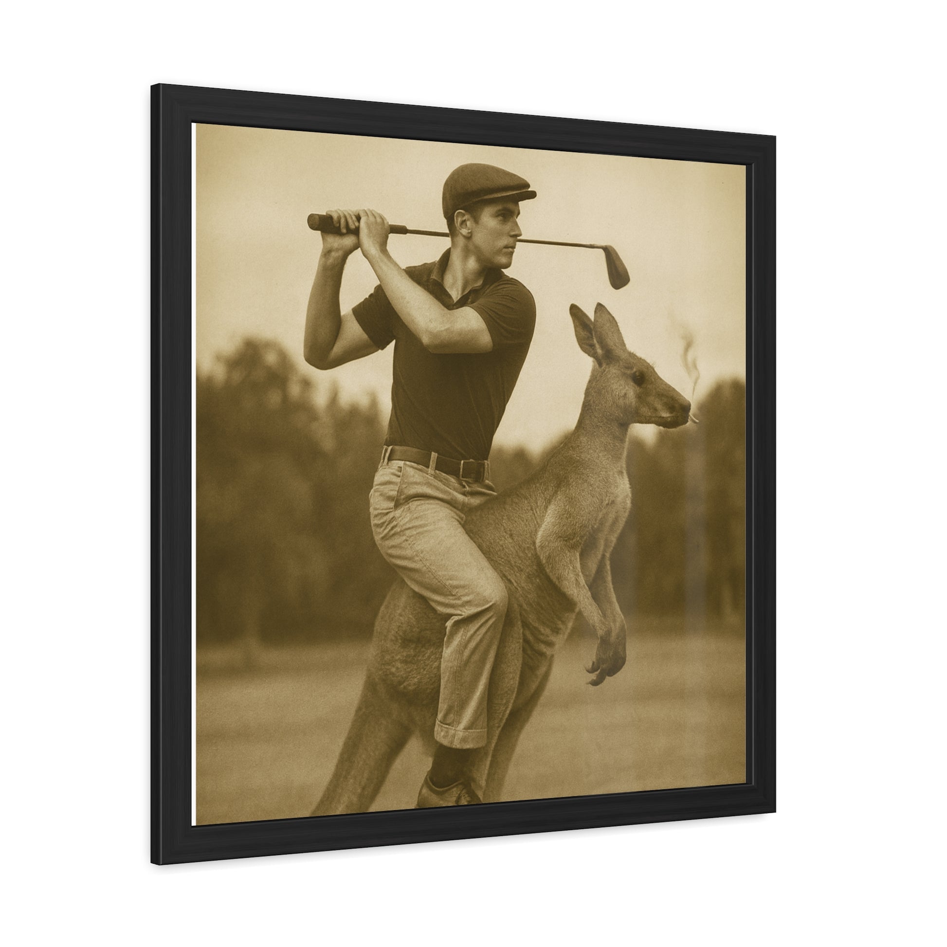 Vintage Framed Poster - Golfing Kangaroo Art, Unique Wall Decor, Retro Home Gallery, Gift for Animal Lovers, Funny Art Print