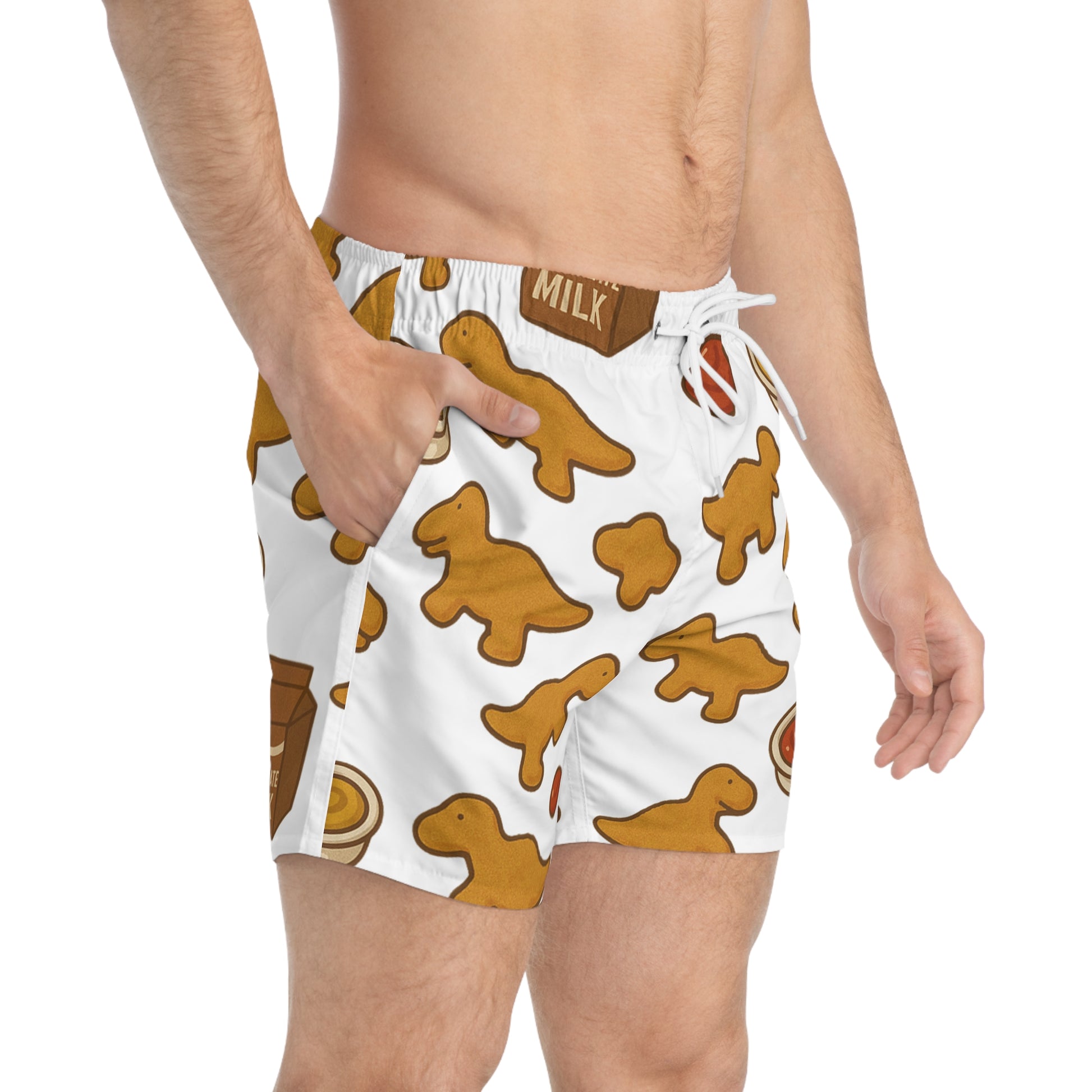 Dino-Themed Swim Trunks, Fun Summer Shorts, Beachwear for Kids & Adults, Great for Vacations & Pool Parties, Funny Gingerbread Design