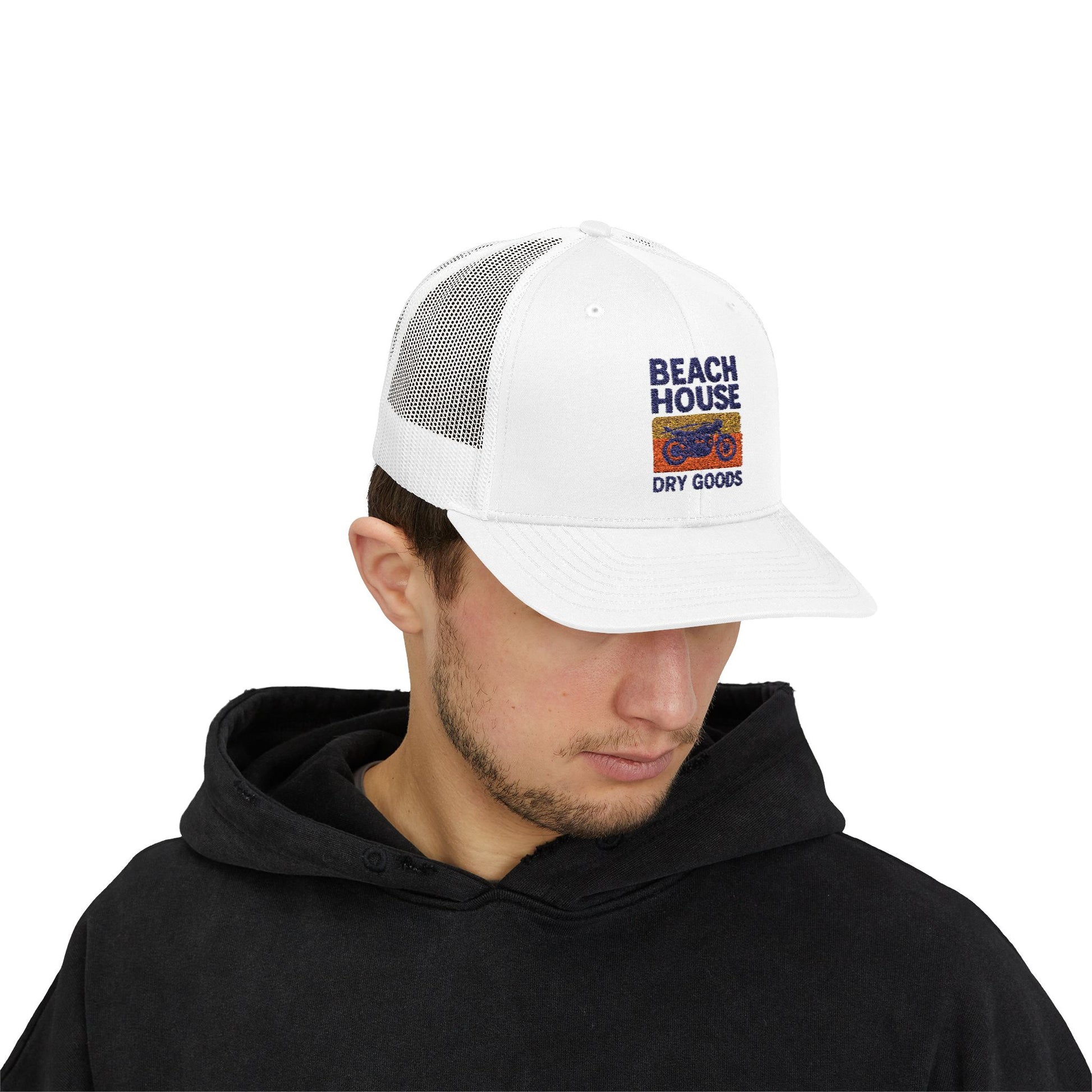 Beach House Snapback Trucker Cap, Casual Summer Hat, Beachwear Accessory, Outdoor Adventure Gear, Gift for Beach Lovers