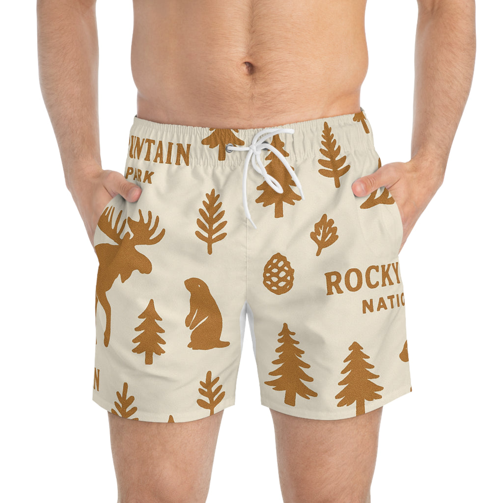 Nature-Inspired Swim Trunks, Rocky Mountain Theme, Vacation Shorts for Men, Summer Beachwear, Outdoor Adventure Swimwear