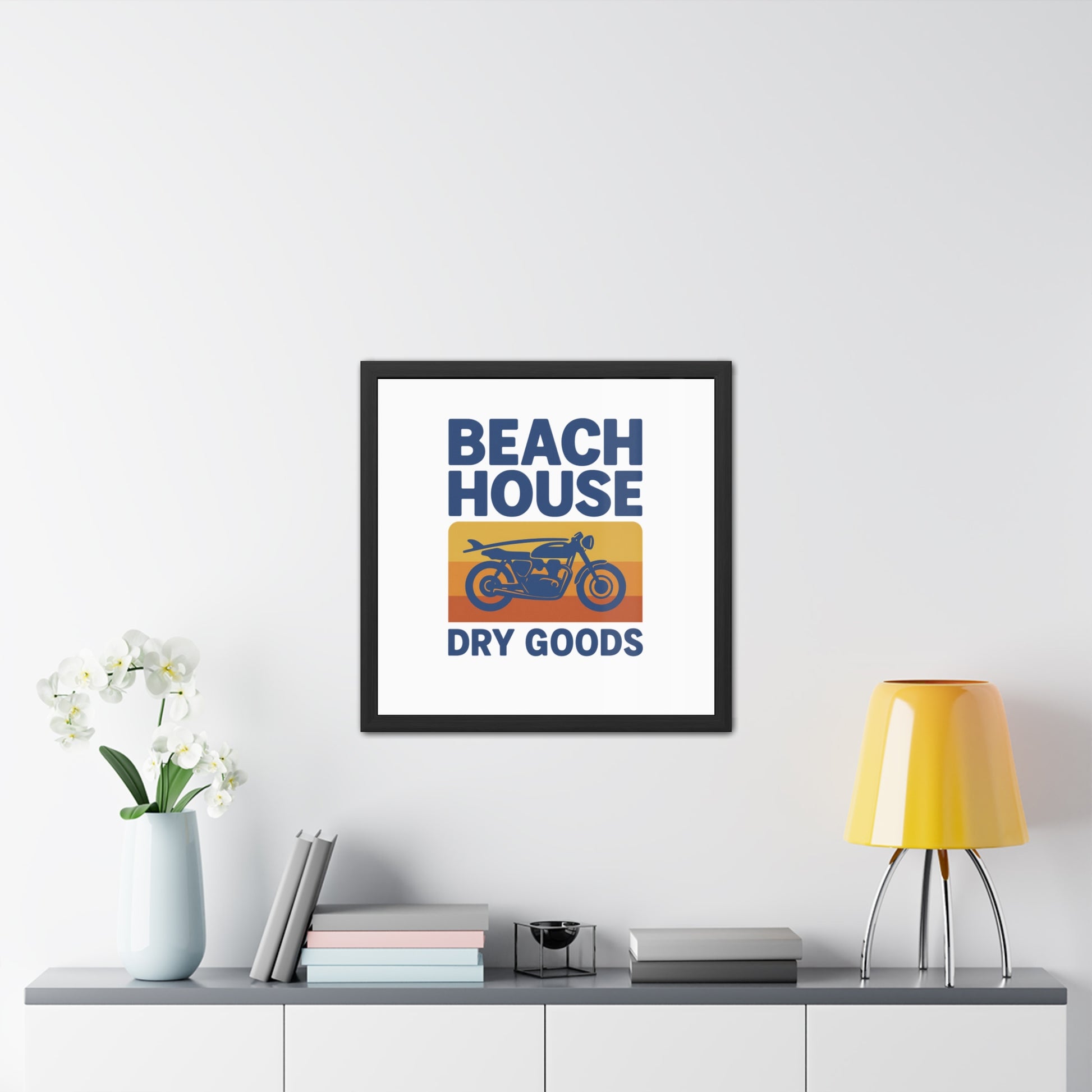 Vintage Beach House Motorcycle Framed Poster, Retro Art Print, Home Decor, Gifts for Bikers, Beach Decor, Summer Vibes
