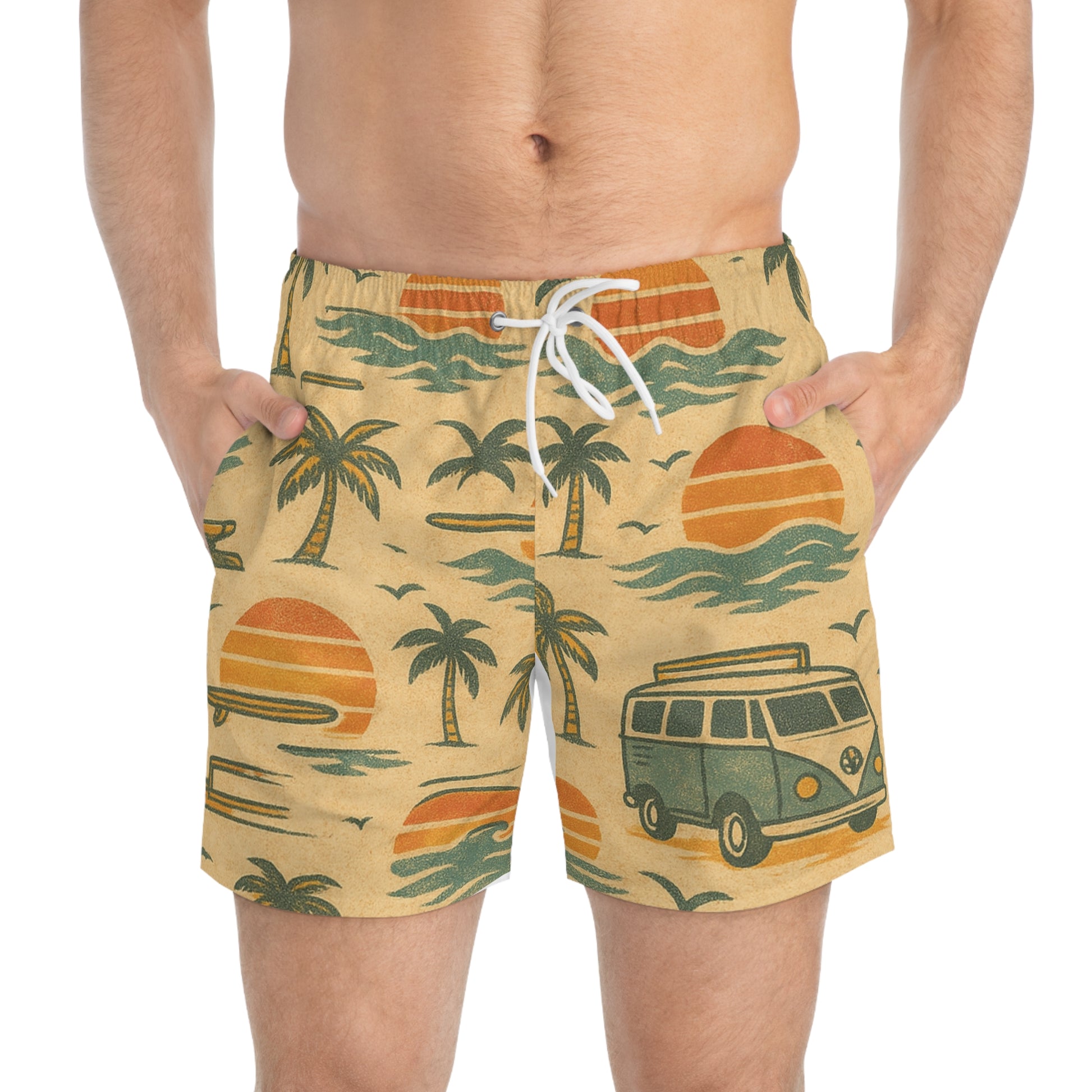 Vintage Surfing Swim Trunks - Beach Vibes, Summer Fun, Vacation Ready, Perfect for Pool Parties, Surf Lovers
