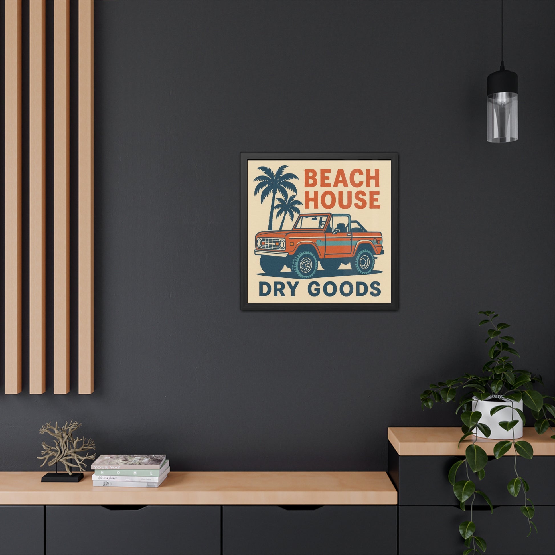 Retro Beach House Framed Poster, Tropical Wall Art, Summer Home Decor, Vintage Jeep Print, Coastal Living Gift