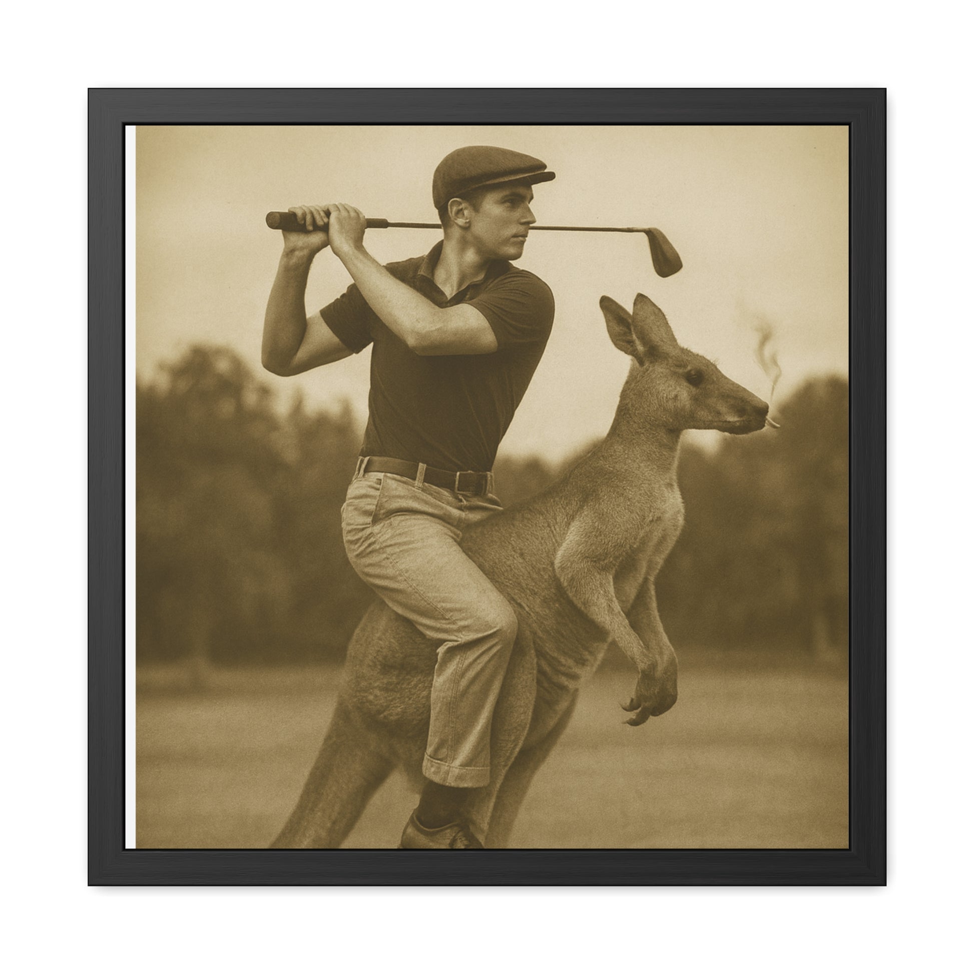 Vintage Framed Poster - Golfing Kangaroo Art, Unique Wall Decor, Retro Home Gallery, Gift for Animal Lovers, Funny Art Print