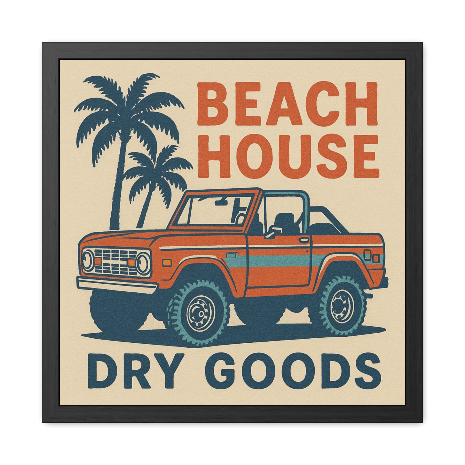 Retro Beach House Framed Poster, Tropical Wall Art, Summer Home Decor, Vintage Jeep Print, Coastal Living Gift