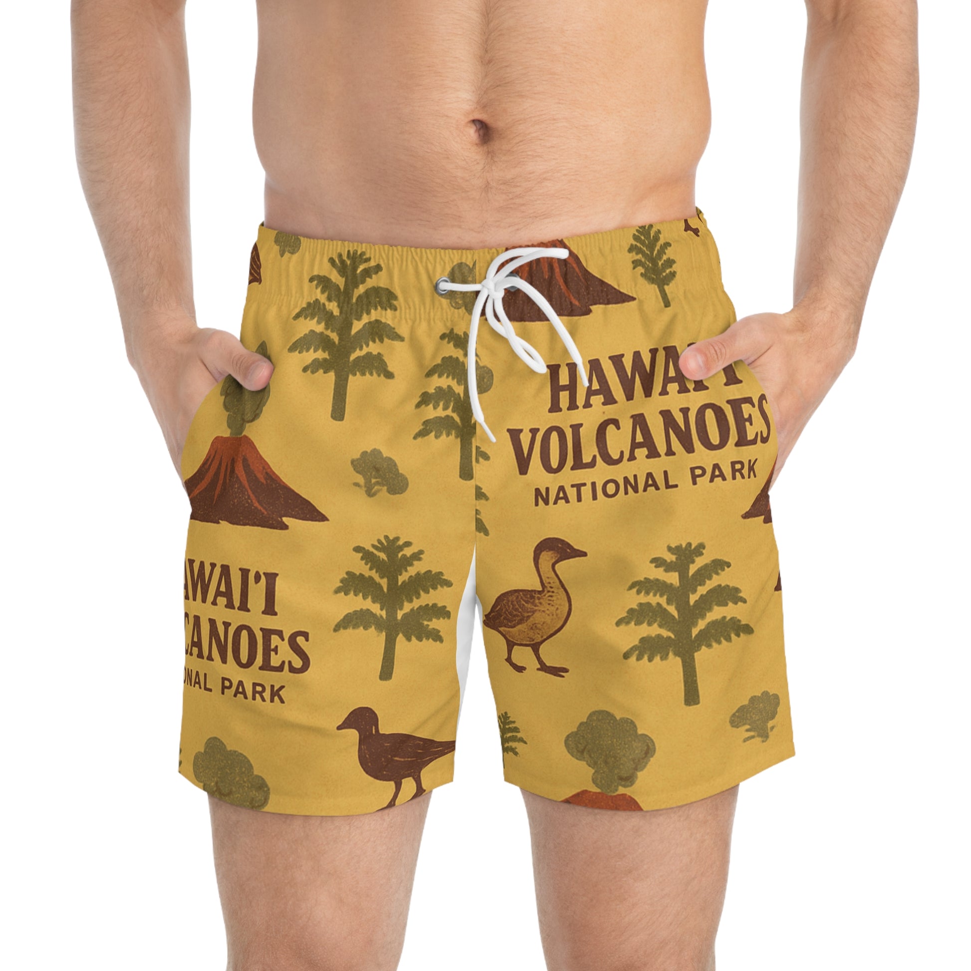 Hawaiian Volcanoes Swim Trunks, AOP Beach Shorts, Summer Swimwear, Tropical Vacation Gear, Gift for Travelers, Fun Poolside Attire