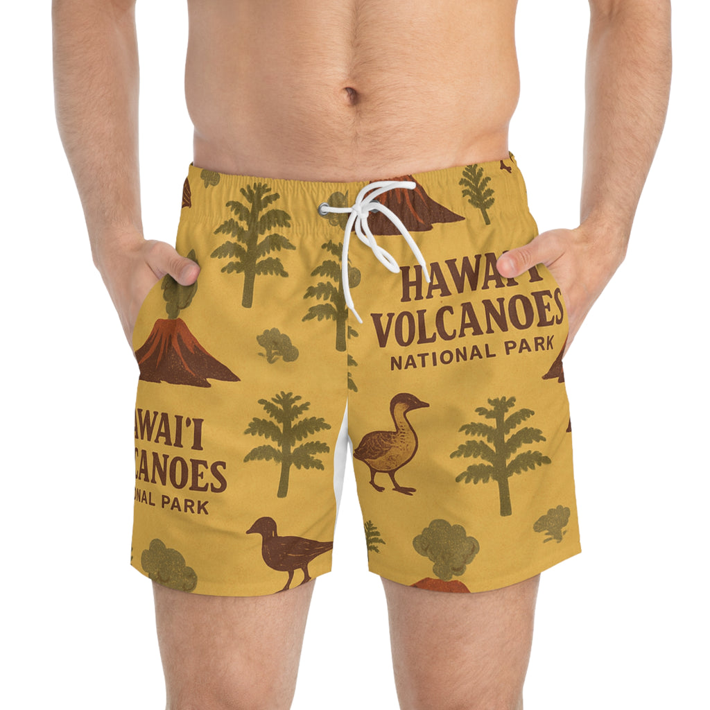 Hawaiian Volcanoes Swim Trunks, AOP Beach Shorts, Summer Swimwear, Tropical Vacation Gear, Gift for Travelers, Fun Poolside Attire