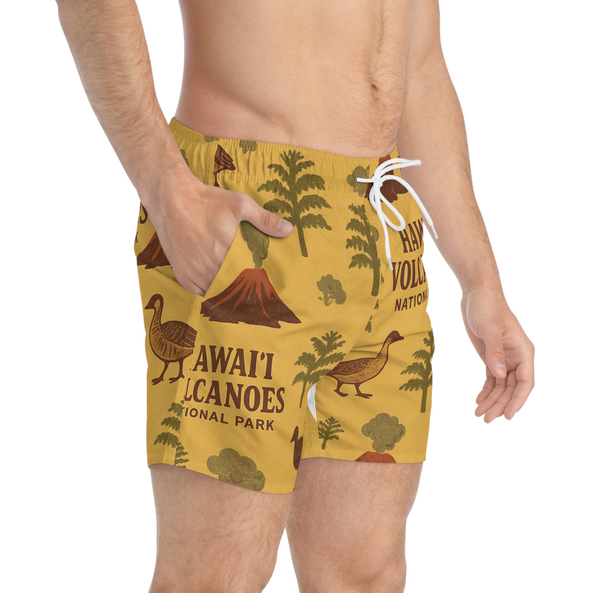 Hawaiian Volcanoes Swim Trunks, AOP Beach Shorts, Summer Swimwear, Tropical Vacation Gear, Gift for Travelers, Fun Poolside Attire