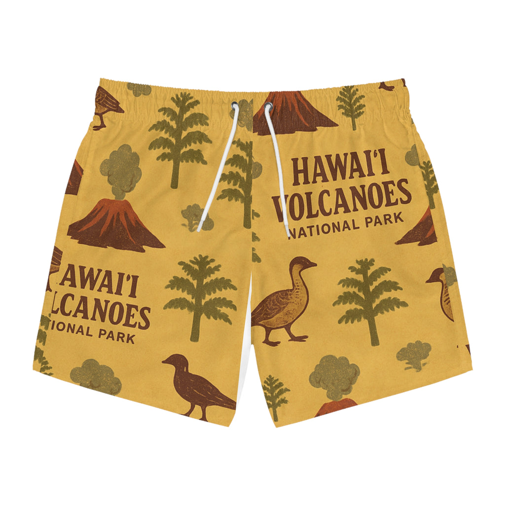 Hawaiian Volcanoes Swim Trunks, AOP Beach Shorts, Summer Swimwear, Tropical Vacation Gear, Gift for Travelers, Fun Poolside Attire