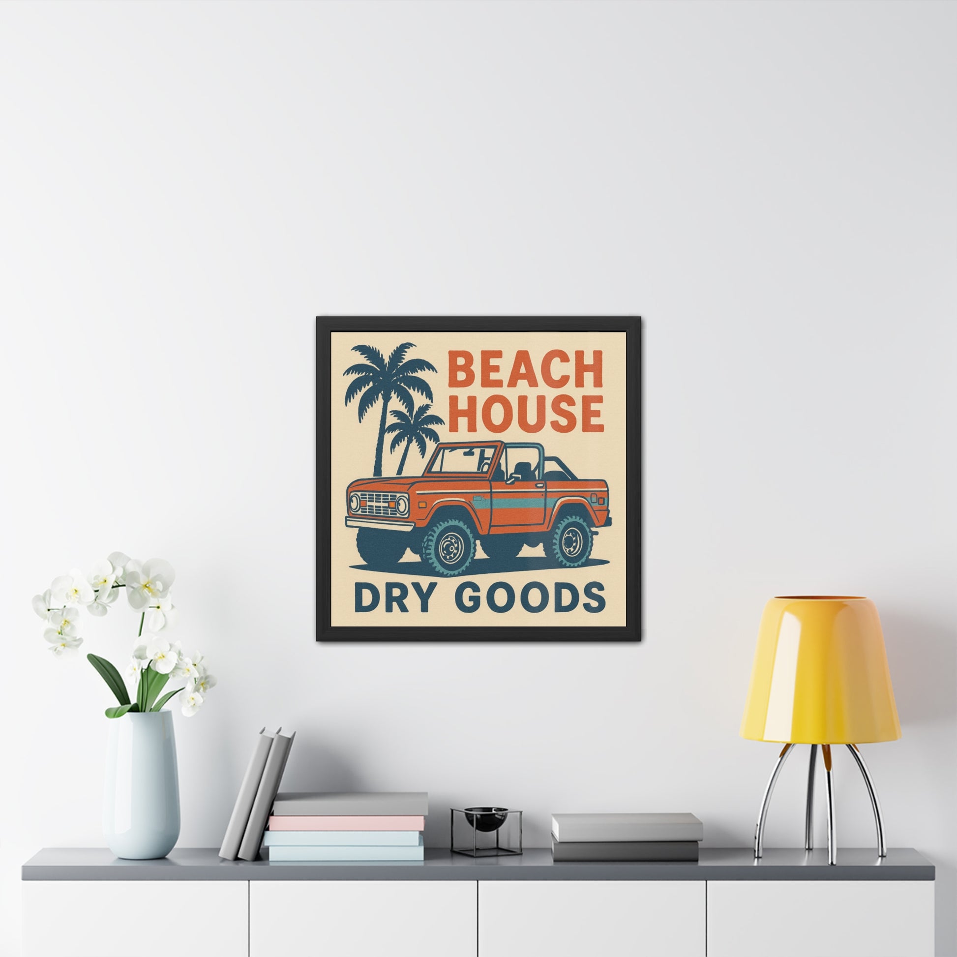 Retro Beach House Framed Poster, Tropical Wall Art, Summer Home Decor, Vintage Jeep Print, Coastal Living Gift