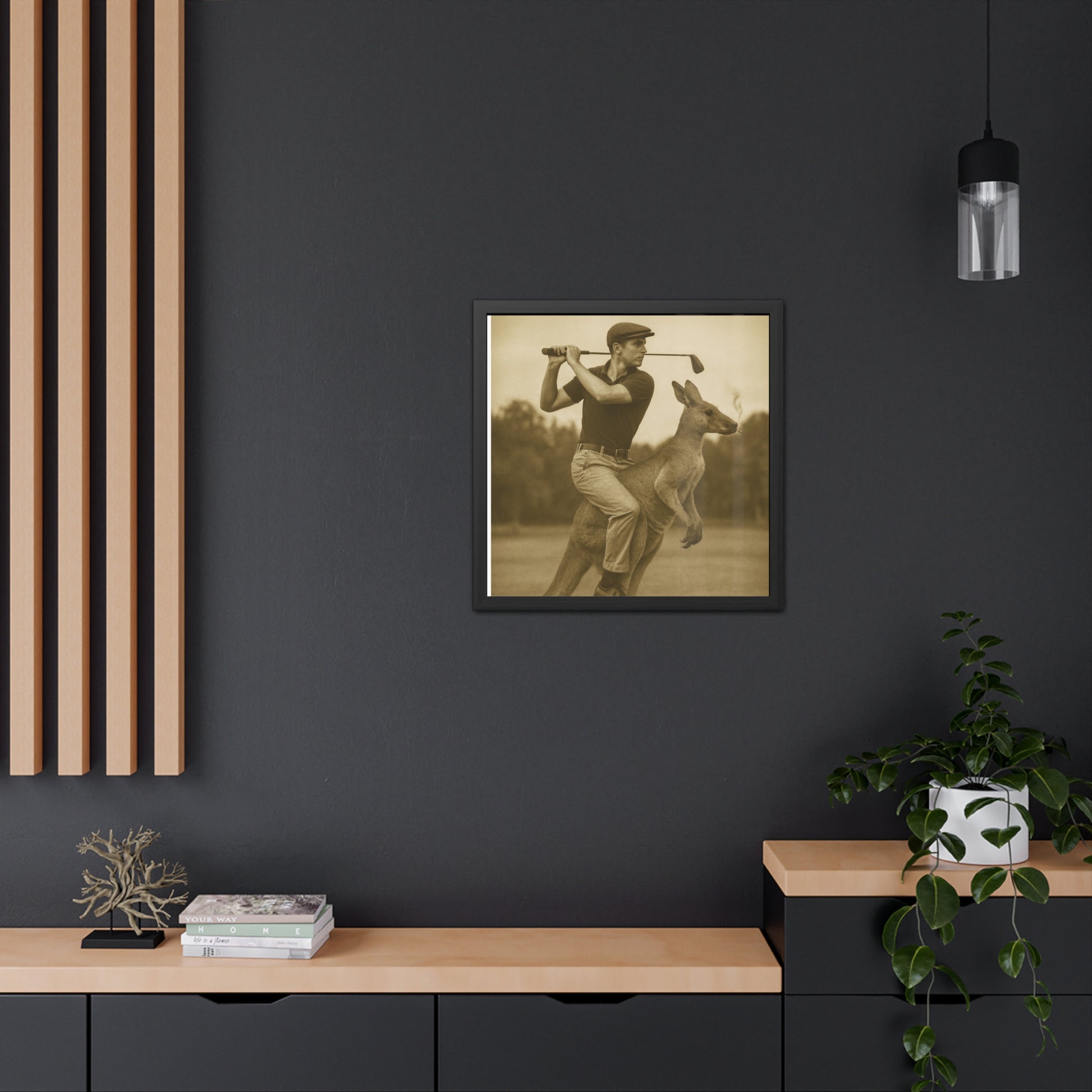 Vintage Framed Poster - Golfing Kangaroo Art, Unique Wall Decor, Retro Home Gallery, Gift for Animal Lovers, Funny Art Print