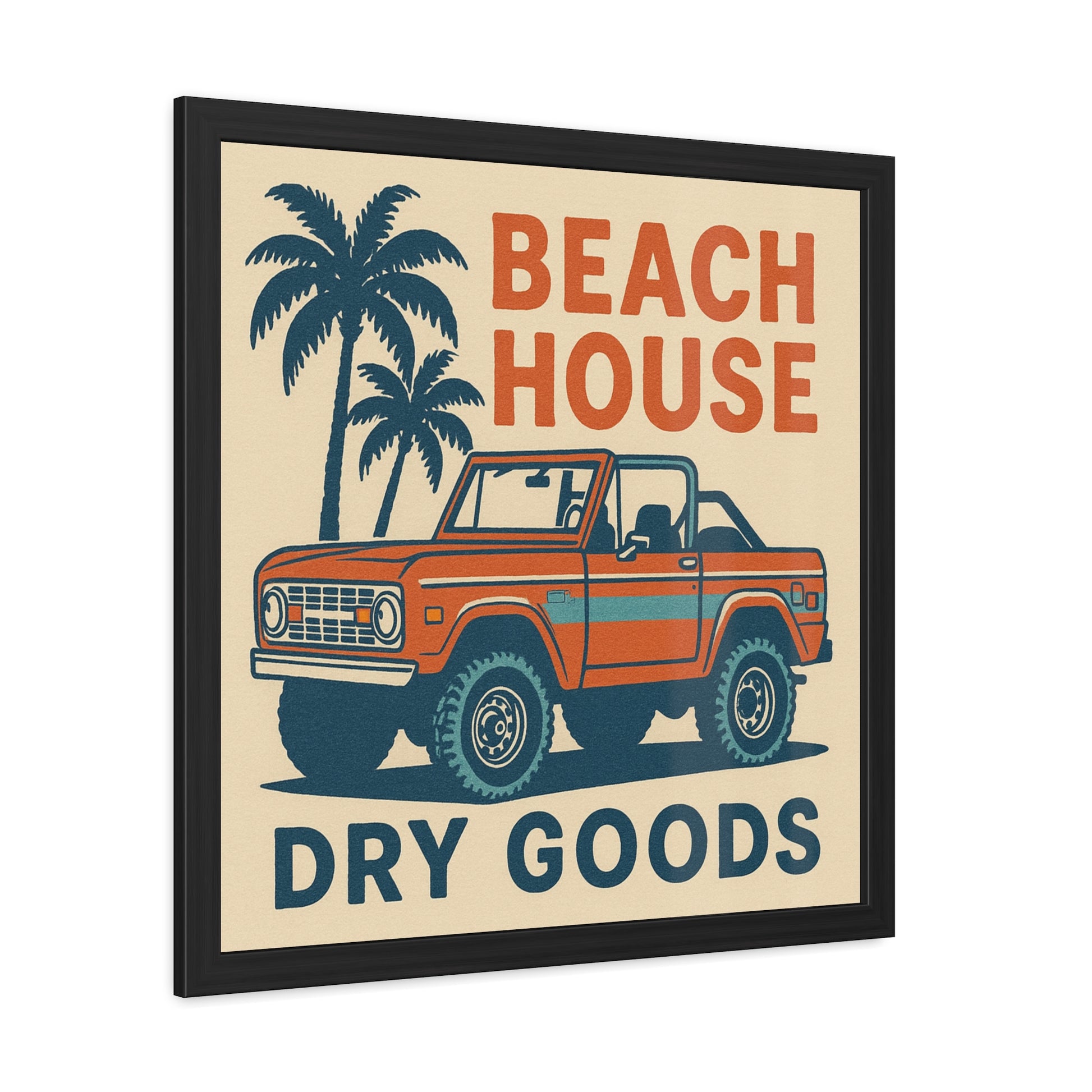 Retro Beach House Framed Poster, Tropical Wall Art, Summer Home Decor, Vintage Jeep Print, Coastal Living Gift