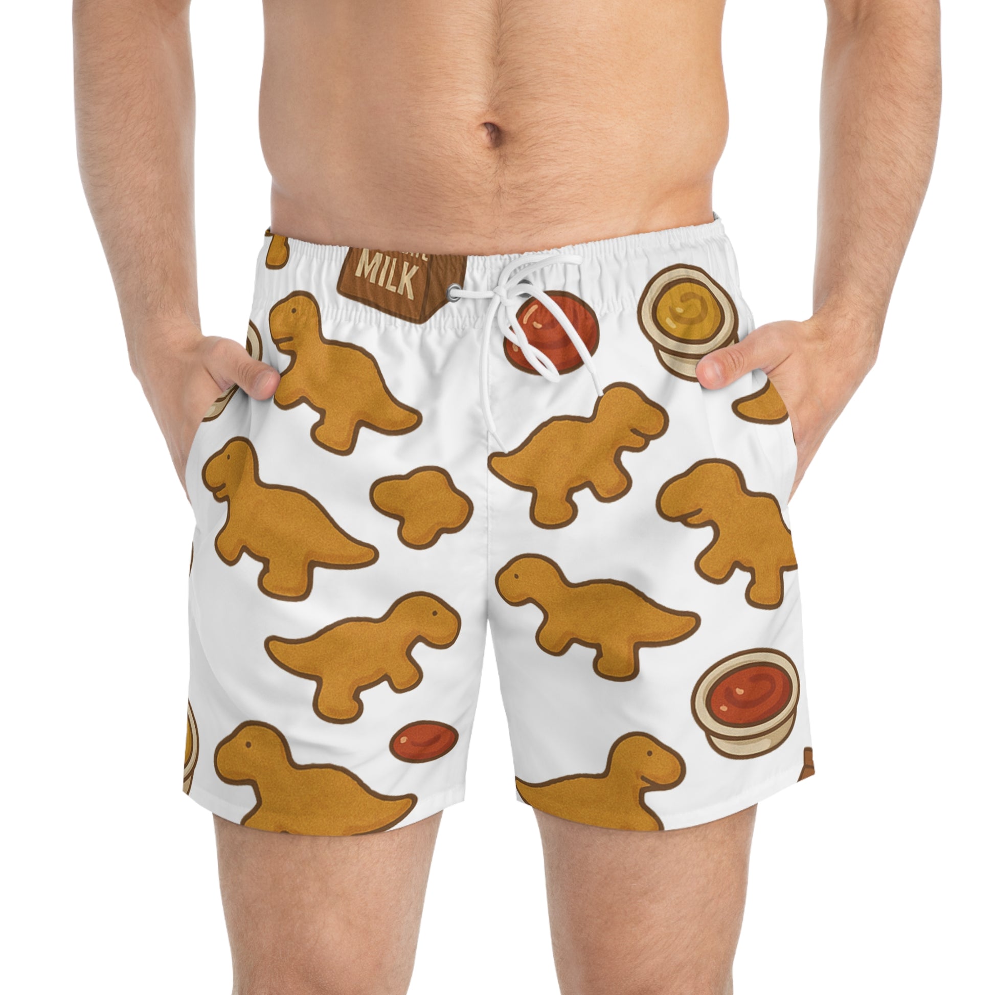 Dino-Themed Swim Trunks, Fun Summer Shorts, Beachwear for Kids & Adults, Great for Vacations & Pool Parties, Funny Gingerbread Design